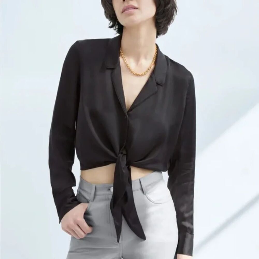 ARITZIA Wilfred Black Silky Front Tie Button Up Long Sleeve Blouse Top Medium